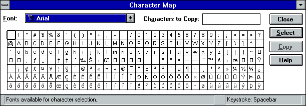 A screenshot of Character Map on Windows 3.1.